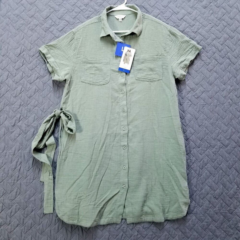 Weatherproof Vintage Dress‎ Adult L Green Short Sleeve Cotton Gauze Womens New